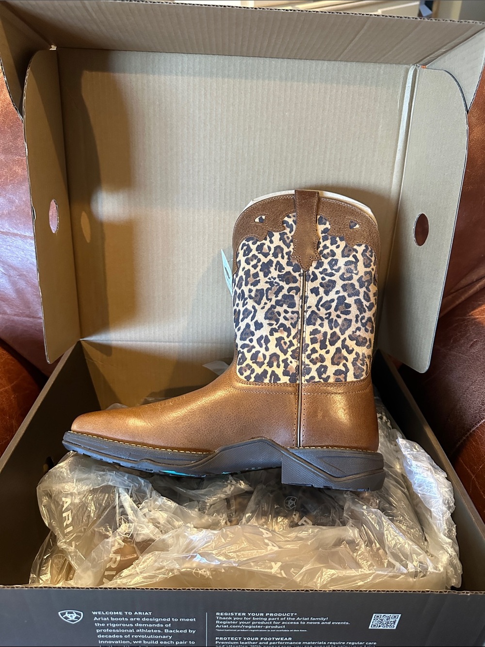 Ariat Brown Leather Cowgirl Boot with Leopard-Print Shaft